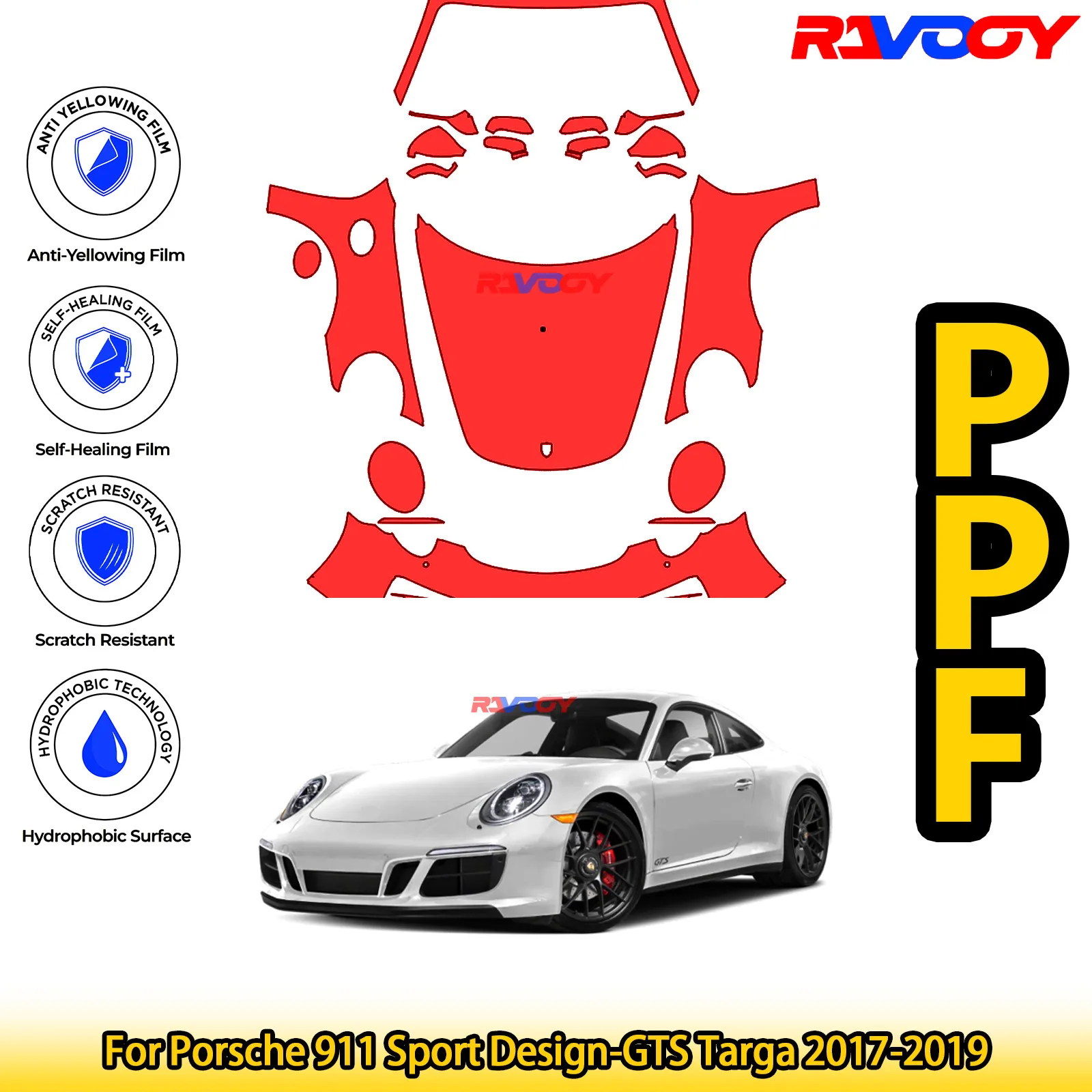 

For Porsche 911 Sport Design-GTS Targa 2017-2019 Glossy Matte Black Precut front PPF Kit Paint Protection Film