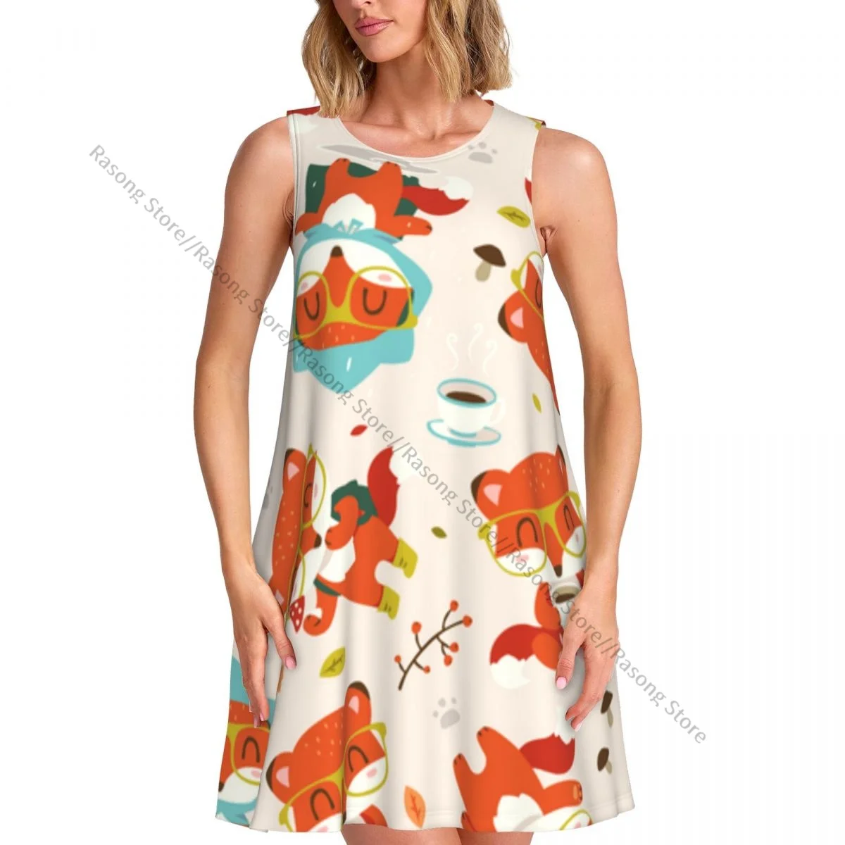 Women's Dress Cartoon Fox Summer Casual T Shirt Beach Cover up Tank Dress