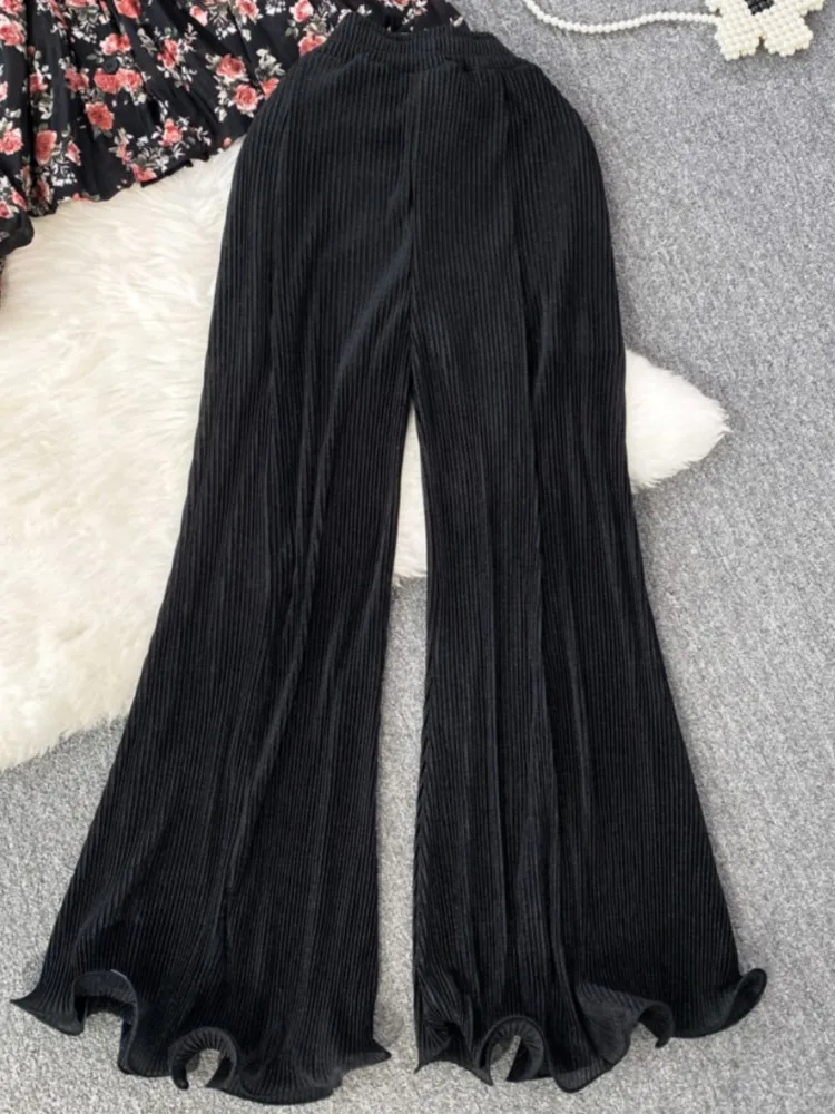 Women Elegant Casual Trousers Suit Vintage Loose V-Neck Print Tops High Waist Wide-Leg Pants Two Pieces Set Holiday Clothes New