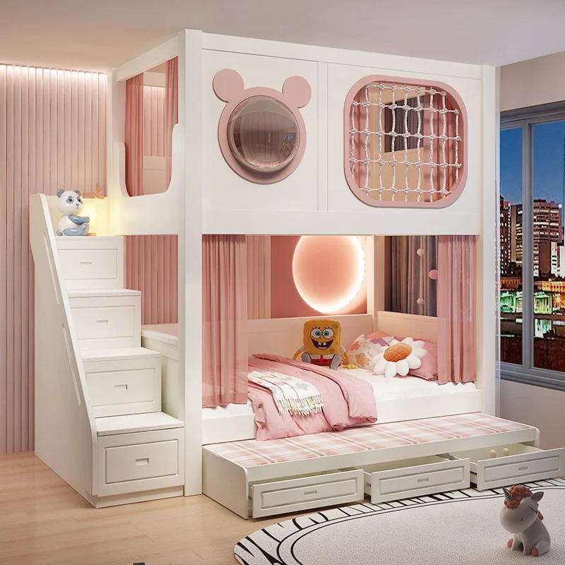 

Contemporary Princess Castle Bunk Bed for Girls Slide Storage Durable Solid Wood Pink Kids Bedroom Living Room Furniture Set