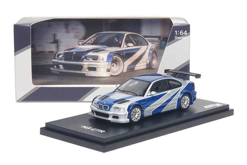 صندوق AR 1:64 M3 E46 GTR فضي مع شرائط زرقاء NFS يحتاج إلى سيارة طراز Diecast Speed