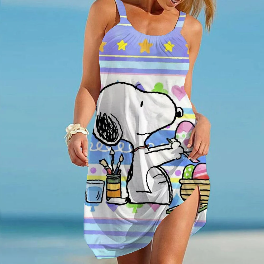 

Women's Beach Dresses Snoopy Kawaii 2024 Summer Youthful Woman Clothes Y2k Anime Sanrio Leisure Elegant Chic Dress Boho Sling