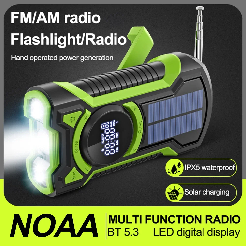 Solar Emergency Weather Radio Waterproof Hand Crank Weather Alert Radio 5000mAh Bluetooth-Compatible5.3 LED Flashlight SOS Alarm
