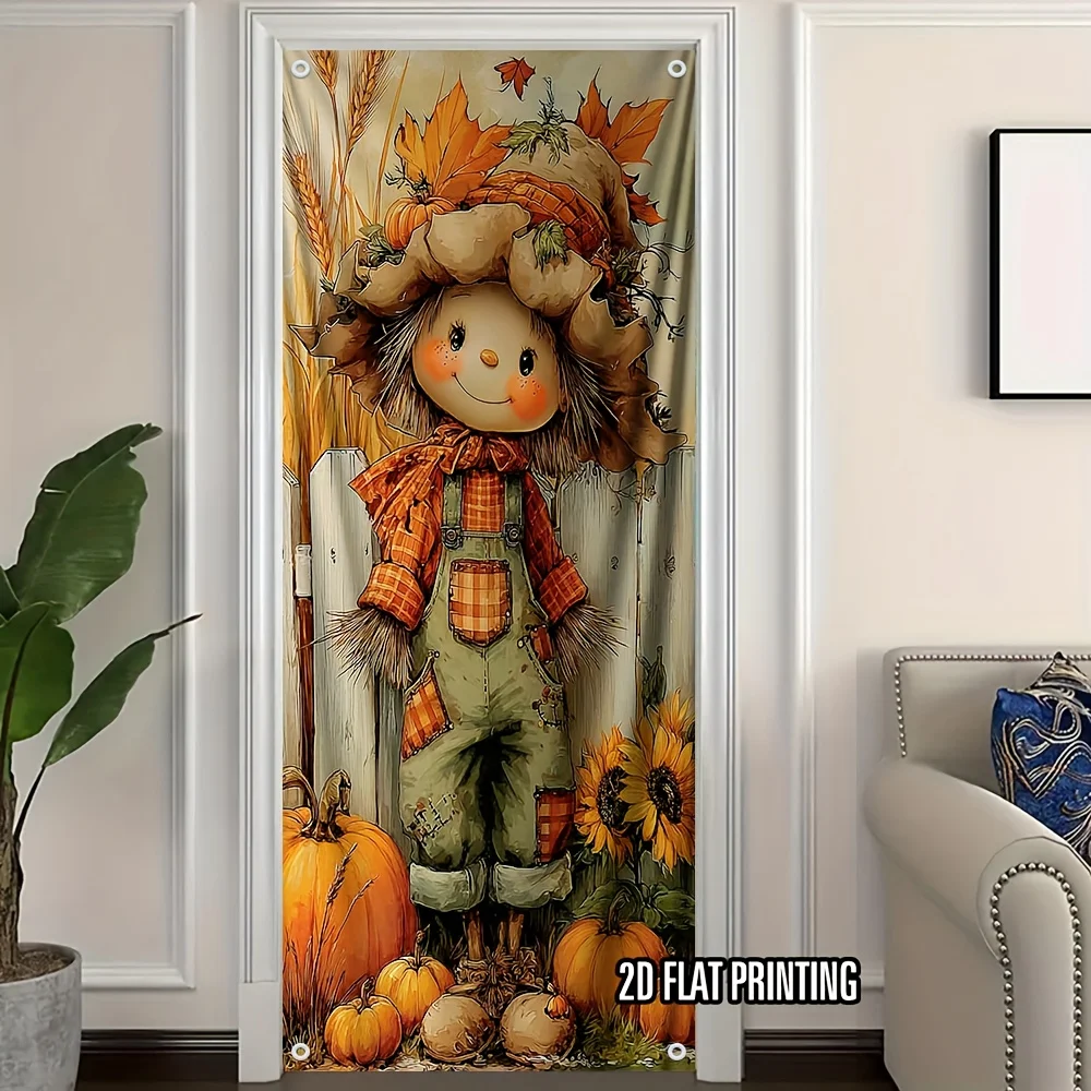 2D flat, 2D door banner, 1 cute scarecrow with sunflower and pumpkin door banner -2D flat printing seasonal autumn decoration view 3