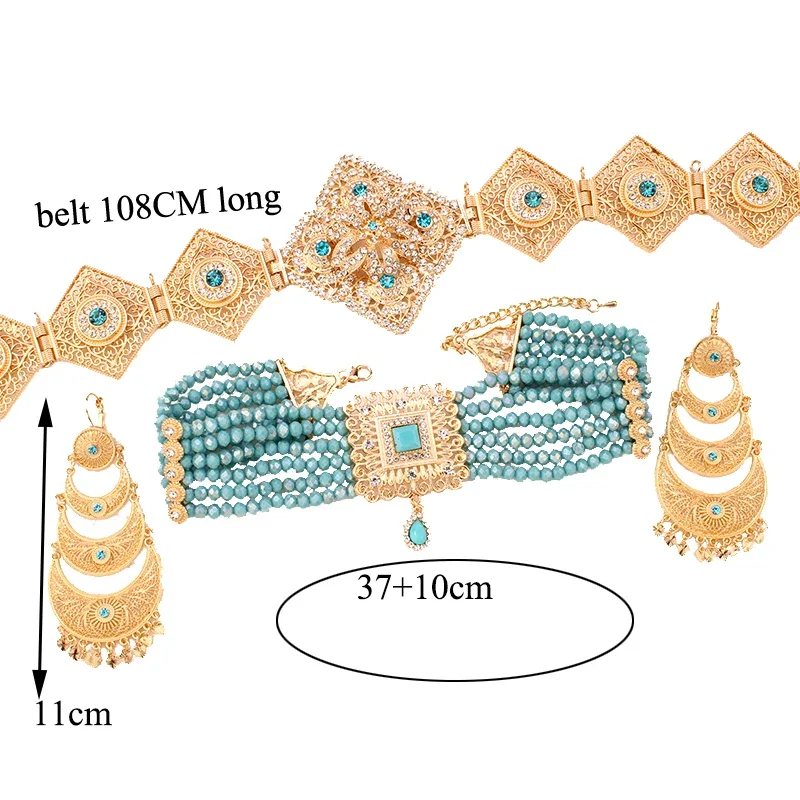 Baby Blue Crystal Jewelr Set Gld placcato Long Chain Kaftan Belts marocco collana da sposa turca Set Bijoux De Mariage Femmes