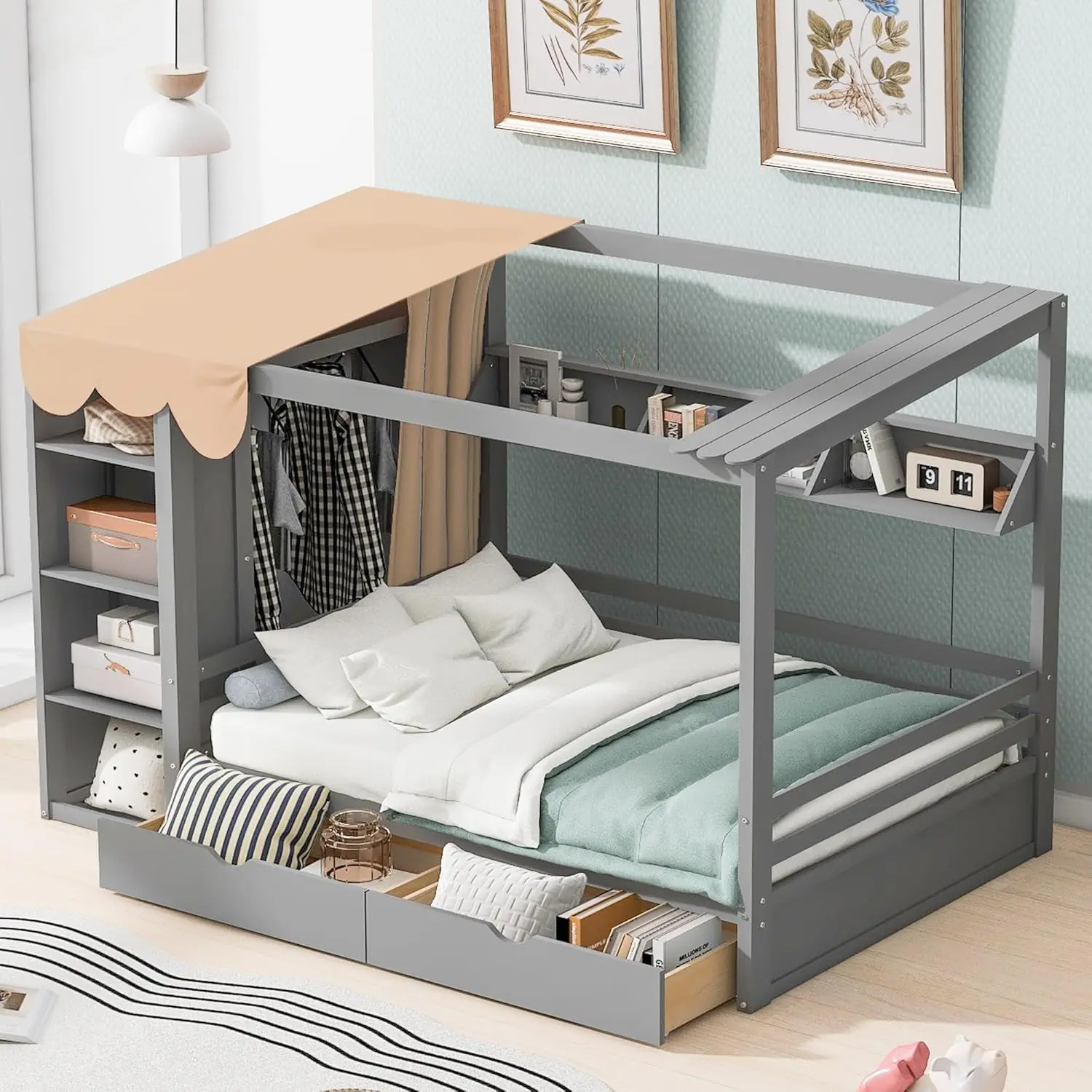 Full Size House Bed Frame With 2 Drawers, Built-In Wardrobe, Storage Shelves, Guardrail And Curtain, Wooden Bed For Kids