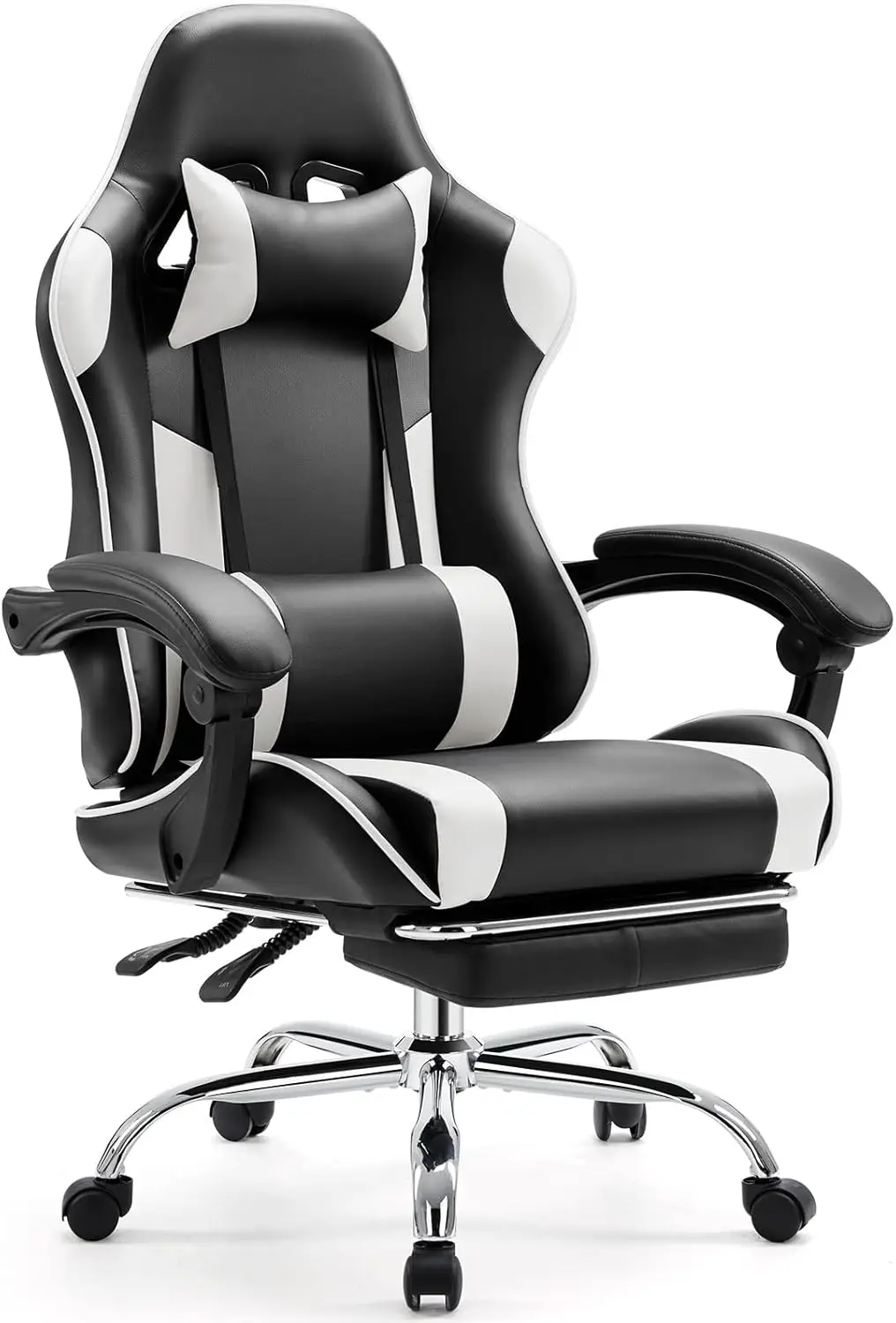 Gaming Desk Chair Ergonomic Footrest Lumbar Support PU Leather Recliner Headrest Armrest Height Adjustable 360 Swivel White