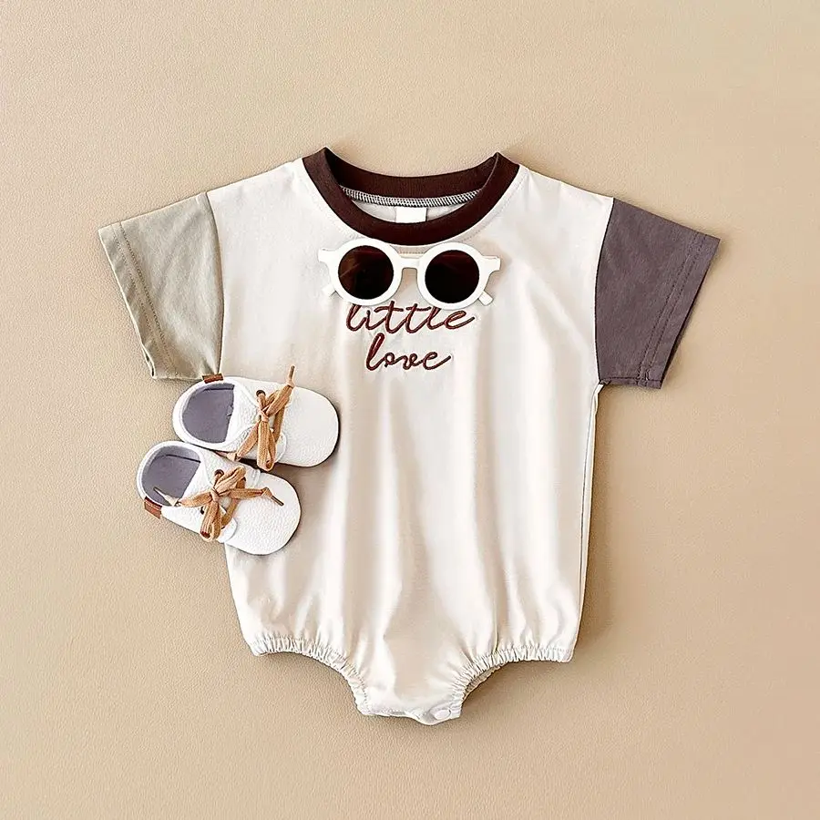 Infant Clothes Baby Romper 0-18M Summer Short Sleeve Boy Girl Babies Jumpsuit Color Patchwork Letter Embroidery Newborn Bodysuit