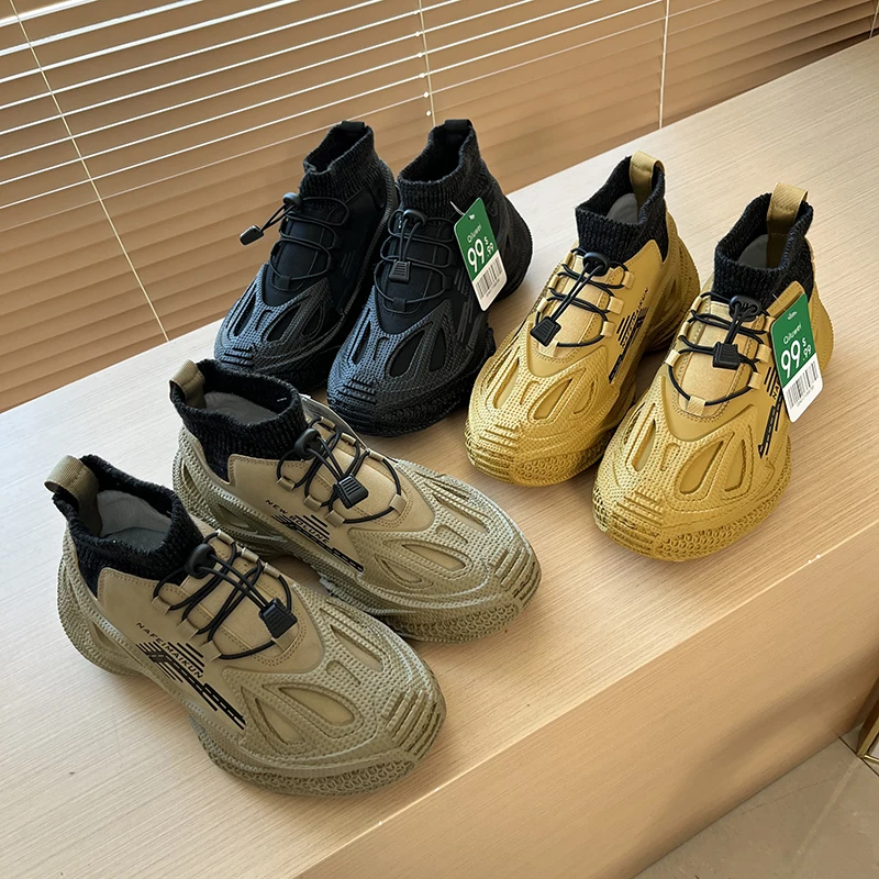 

Men's High-Top Mecha Shoes PU Splicing Uppers Rubber Sole Dad Shoes Casual Footwear Trendy round Toe Lace-Up Boots