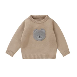 Baby Boy Girl Knit Sweater Bear Embroidery Crew Neck Long Sleeve Pullover Tops for Fall Winter 0-3 Years