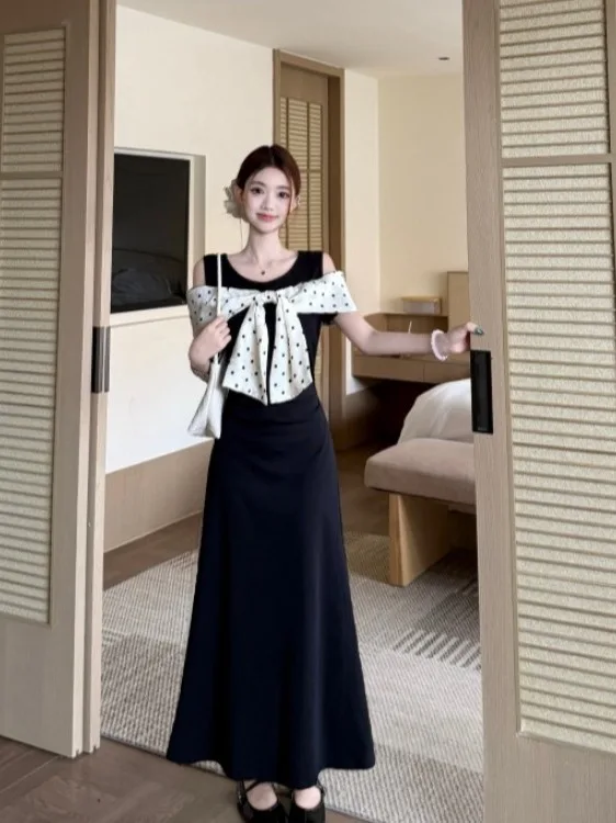

plus Size Sweet Style Shoulder Bared Polka Dot Knot Dress Women's Summer New Waist Cinched Beautiful A-Line Long Dress
