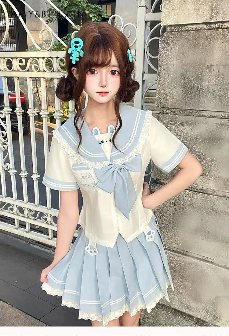 

Sweet Girl Jk Uniform Japanese College Style Navy Collar Long-sleeved Shirt High Waist Pleated Skirt Two-piece Set Spring New