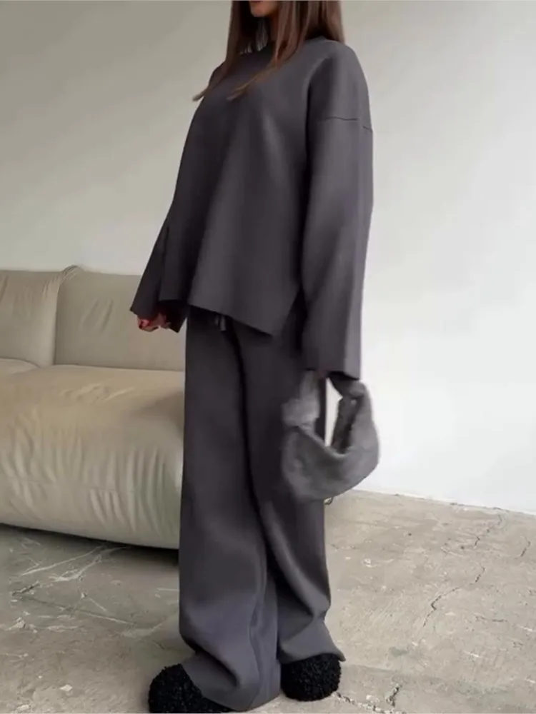 Set da due pezzi lavorato a maglia da donna Moda O-Collo Pullover a maniche lunghe Pantaloni lunghi Abito ampio femminile Autunno Inverno Lady Office Outfit