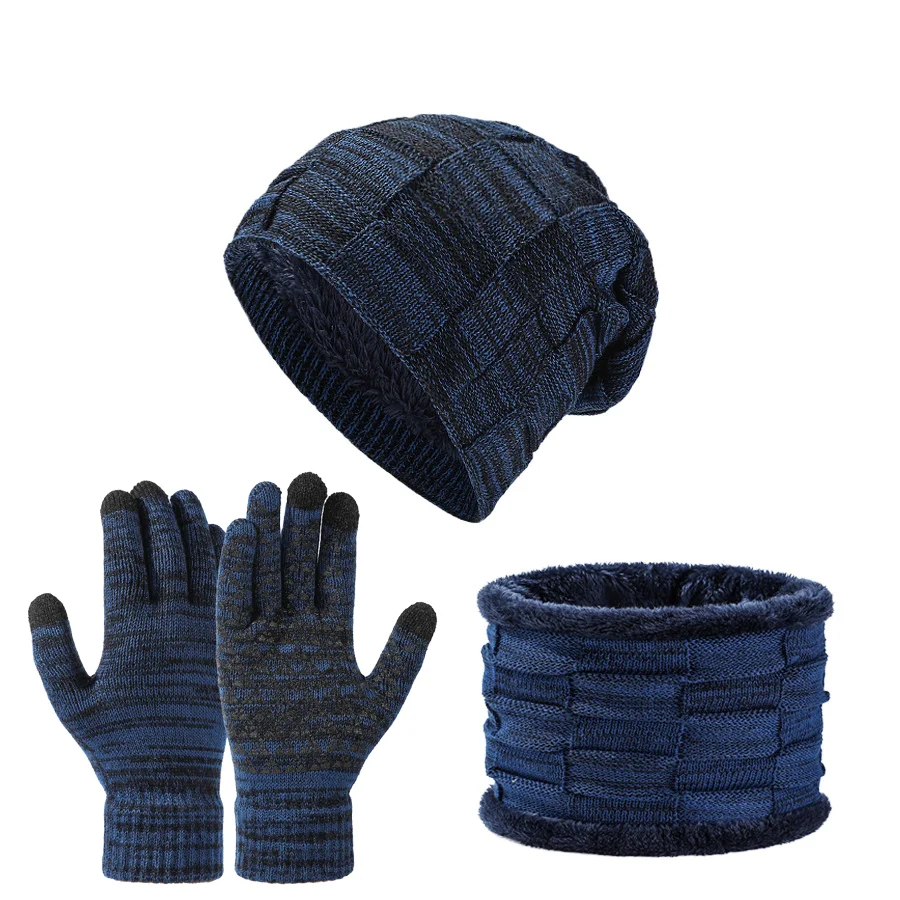 Herbst Winter Unisex warme und weiche Winter-Fleece-gefütterte Strickmütze, Schals und Touchscreen-Handschuhe 3-teiliges Set