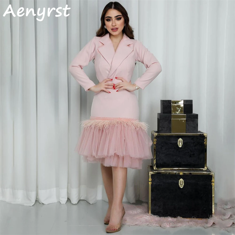 Aenyrst rosa moderne lange Ärmel Saudi-Arabien Abendkleider Meerjungfrau V-Ausschnitt Satin Ballkleid Tee Länge Frauen feiern Kleider