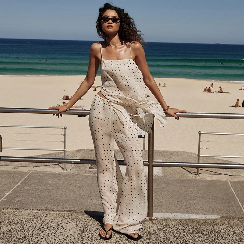 

Tornova женский повседневный костюм в горошек без рукавов на шнуровке, топ на бретельках, свободные брюки, комплект из двух предметов, новинка лета 2026, комплект для отпуска