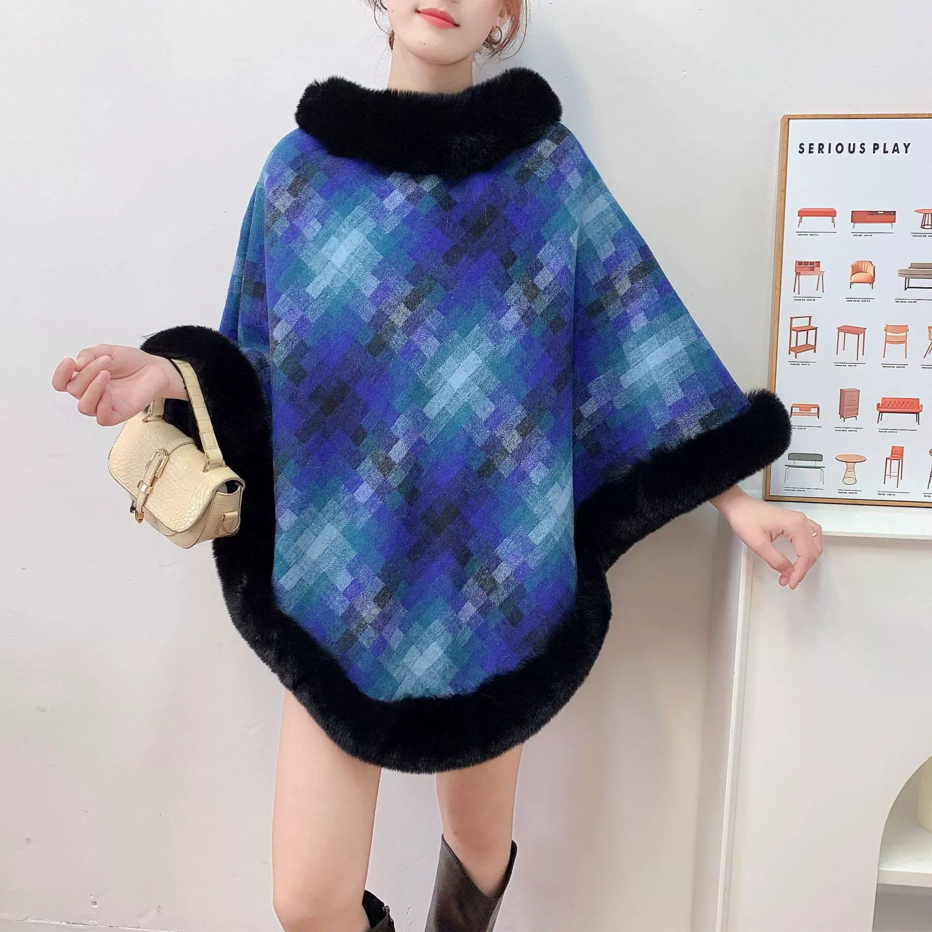 

Fashion Warm Faux Rex Rabbit Fur Pullover Cape Thicken Lining Jacquard Plaids Cloak Coat Women Autumn Winter Poncho Wraps