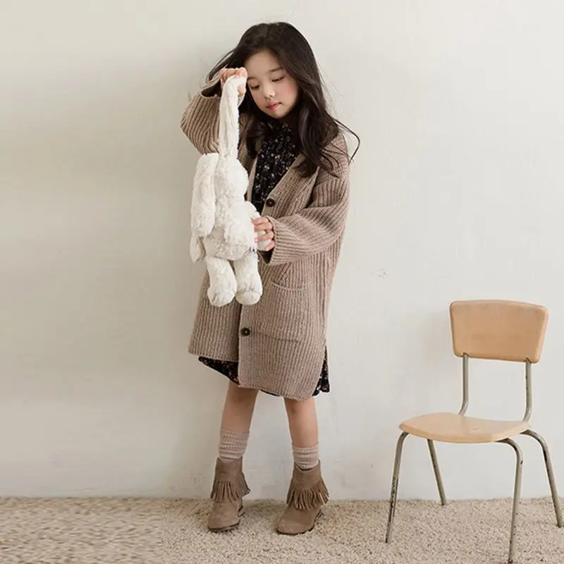 

New Fashion Autumn Winter Cotton Sweaters Princess Light Khaki V-neck Jacket Coats Kids Girls Long Knitted Cardigan 2025
