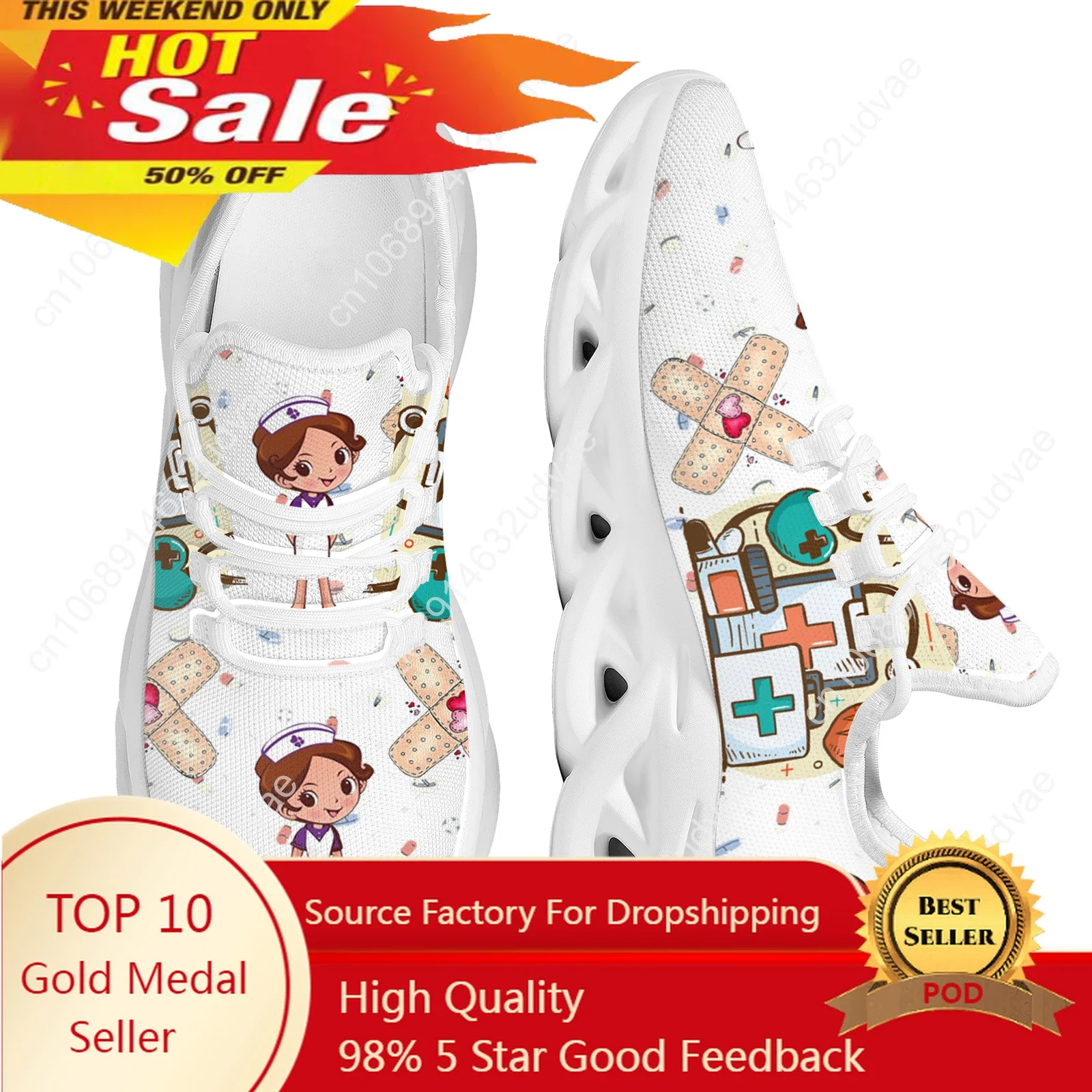 Nurse Shoes For Women White Cartoon Medical Shoes Comfortable Breathable Platform Sneaker Nursing Knitted Mesh Shoes