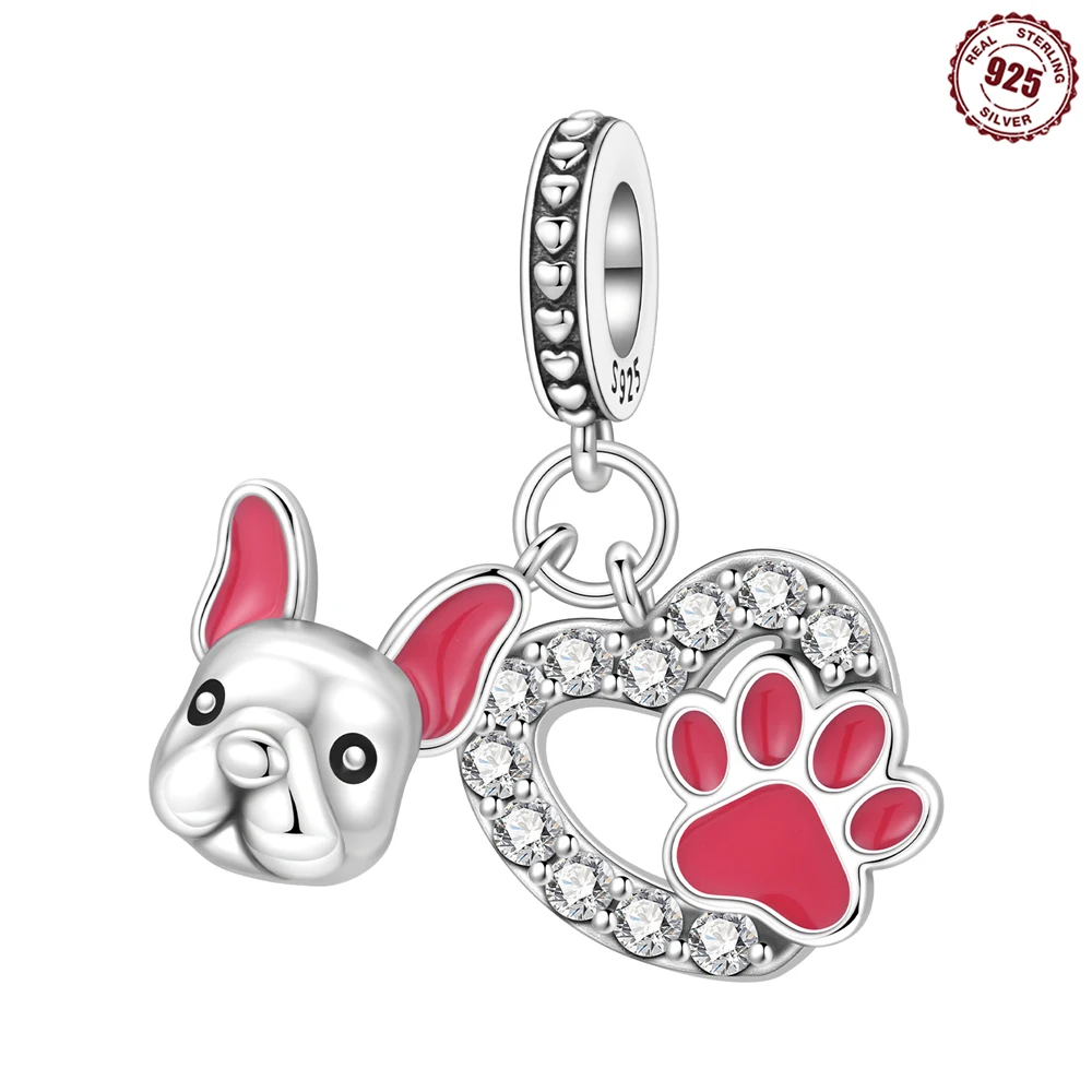 2026 New 925 Sterling Silver French Bulldog Pet Paw Prints Bead Original Pendants Bracelet Necklace Charm Jewelry Party DIY Gift