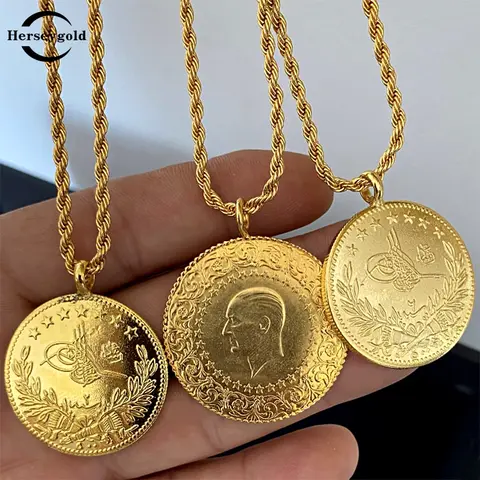 Turkish Coin Pendant Gold Color Arabic Totem Necklace Pendants Copper Bridal Gifts Muslim Ethnic Wedding Jewelry Bijoux Women