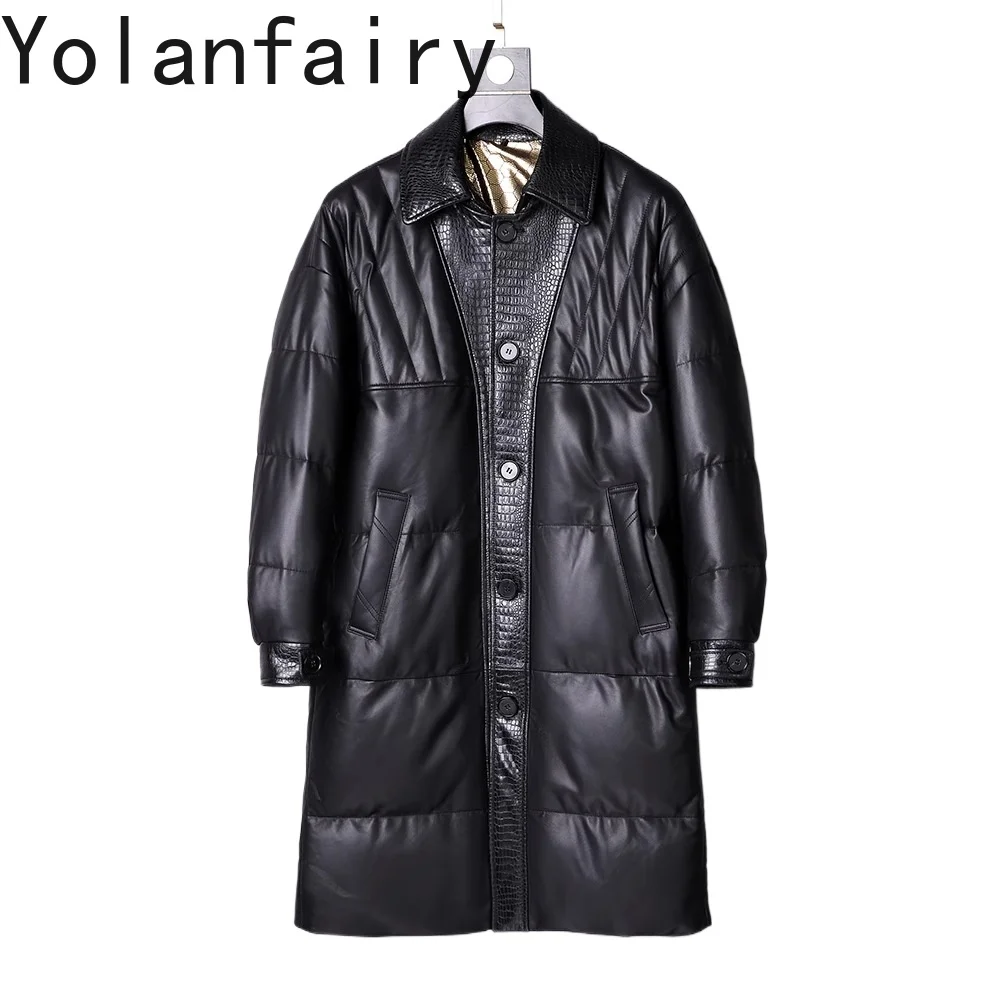 YOLANFAIRY Top Quality Real Sheepskin Genuine Leather Jackets Man Winter Warm Long Down Jacket Fox Fur Collar Crocodile Pattern