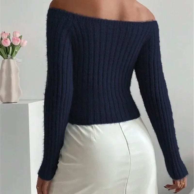 Gebreide Trui Elegante Top Herfst En Winter 2024 Mode Nieuwe Eenwoordkraag Off Shoulder Slim Fit Sexy Short Casual