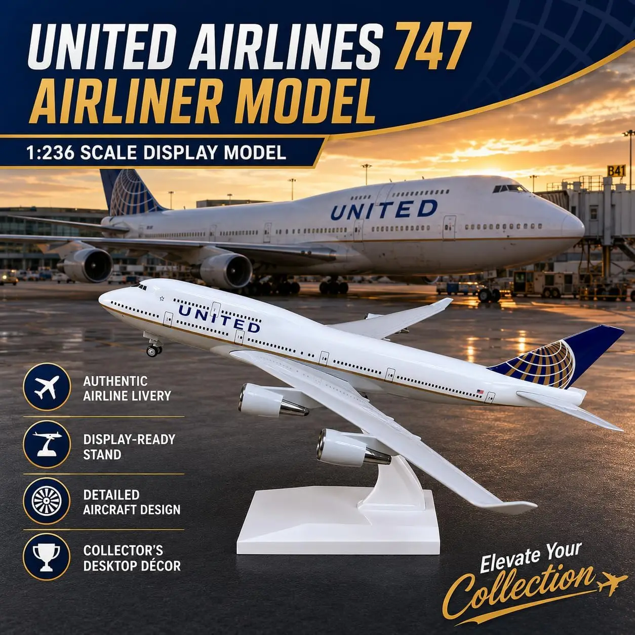 30cm United B747 Diecast Resin Airplane Model With Landing Gear Wheel For Adult Aviation Enthusiast Gift or Display Collection