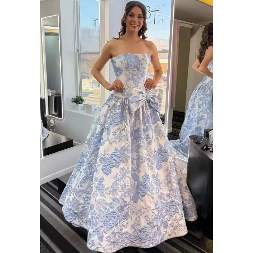 

Customized light Sky Blue Satin Floral Print Prom Gown Sleeveless A-Line long Party dress Large Bow Waist Elegant Evening Dress