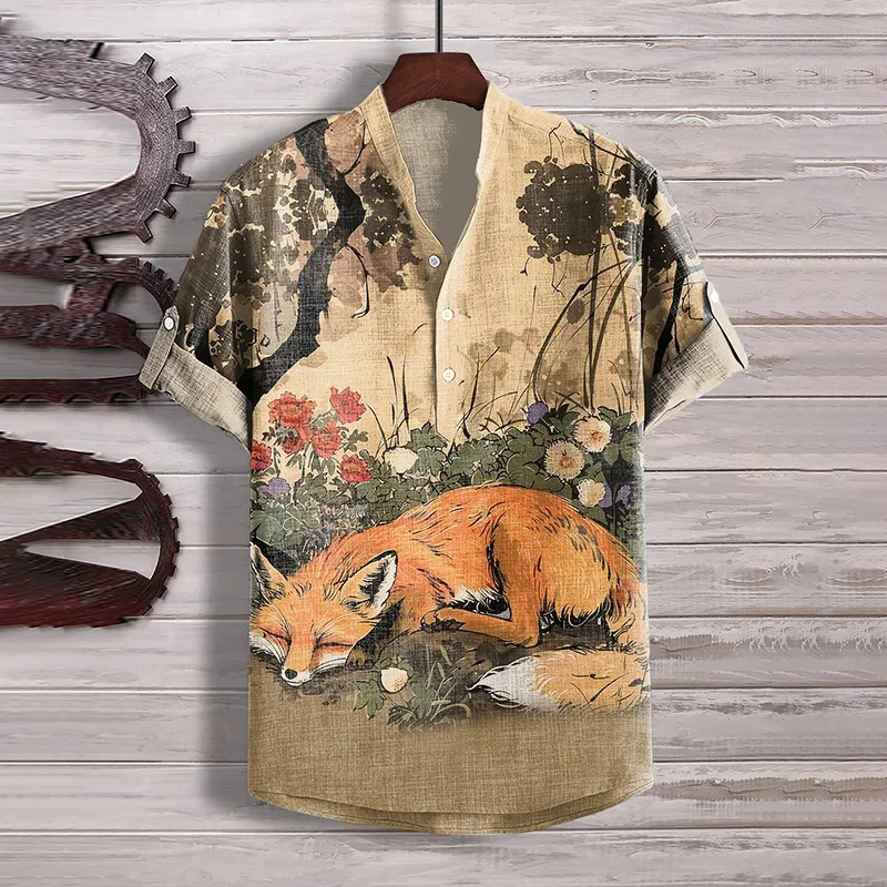 Summer new linen short sleeved shirt fashionable European and American popular hot selling elegant fox print pattern street wear