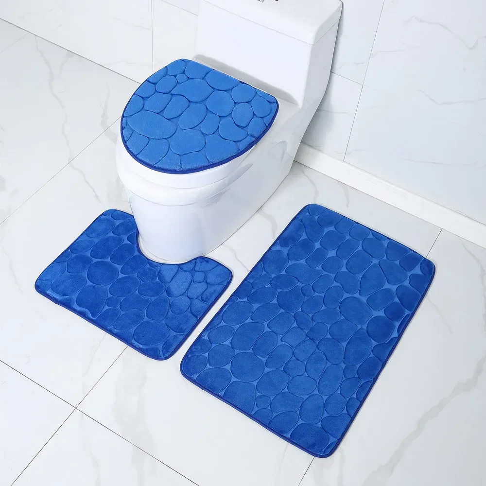 Toilet Seat Cover 3Pcs Set Bath Mat Shower Room Floor Rug Home Bathroom Anti-Slip Absorbent Doormat Pebbles Bathtub Decor Carpet