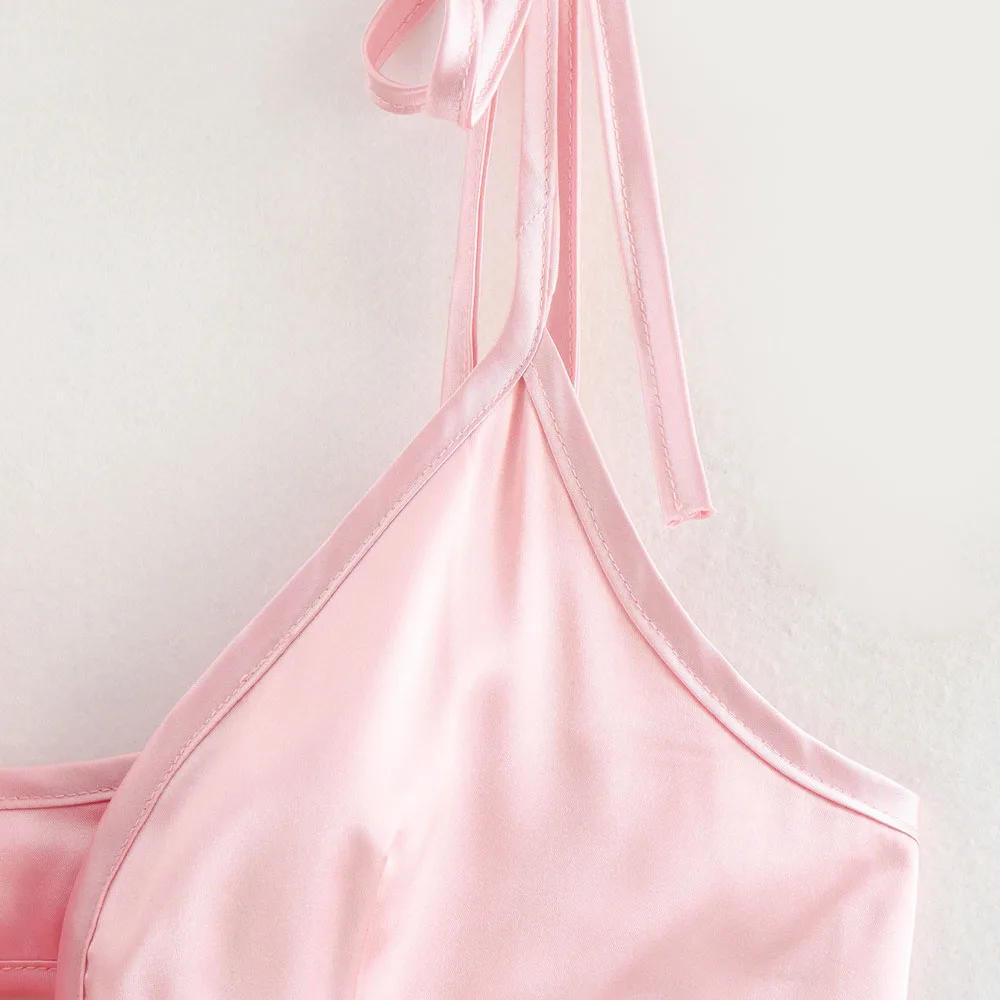 Women Sexy Satin Evening Dress Pleated Spaghetti Straps Slim Back Tie High Waist A-line Dress Spring Summer New Chic Dress