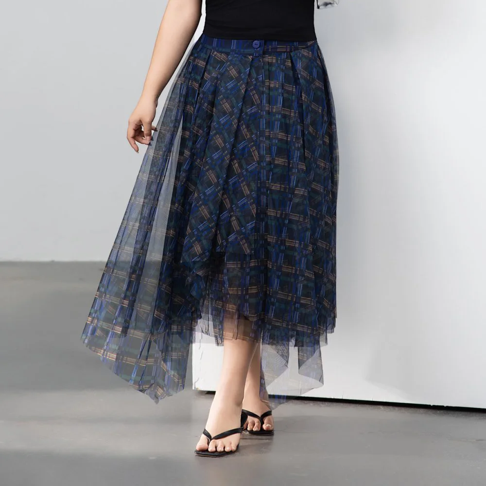 

Premium Navy Blue Plaid Irregular Mesh Skirt Plus Size Women Hot Girl Style High Waist A-Line Asymmetry Skirt 9233