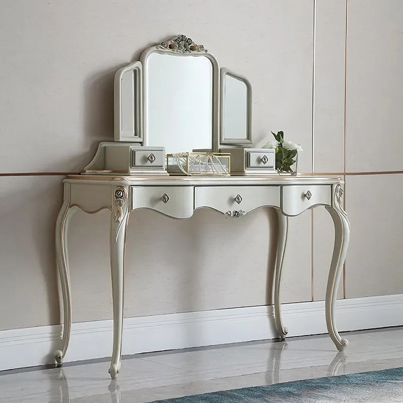 for French Dressing Table and Stool Set Luxury European Solid Wood Carved Flower Makeup Desk with Mirror Light Solid Wood