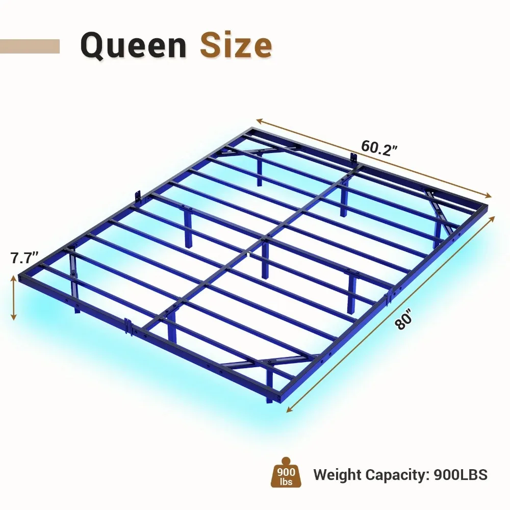 Plataforma de metal cama com luzes LED para quarto, cama flutuante, queen size, preto, sem caixa de mola necessária