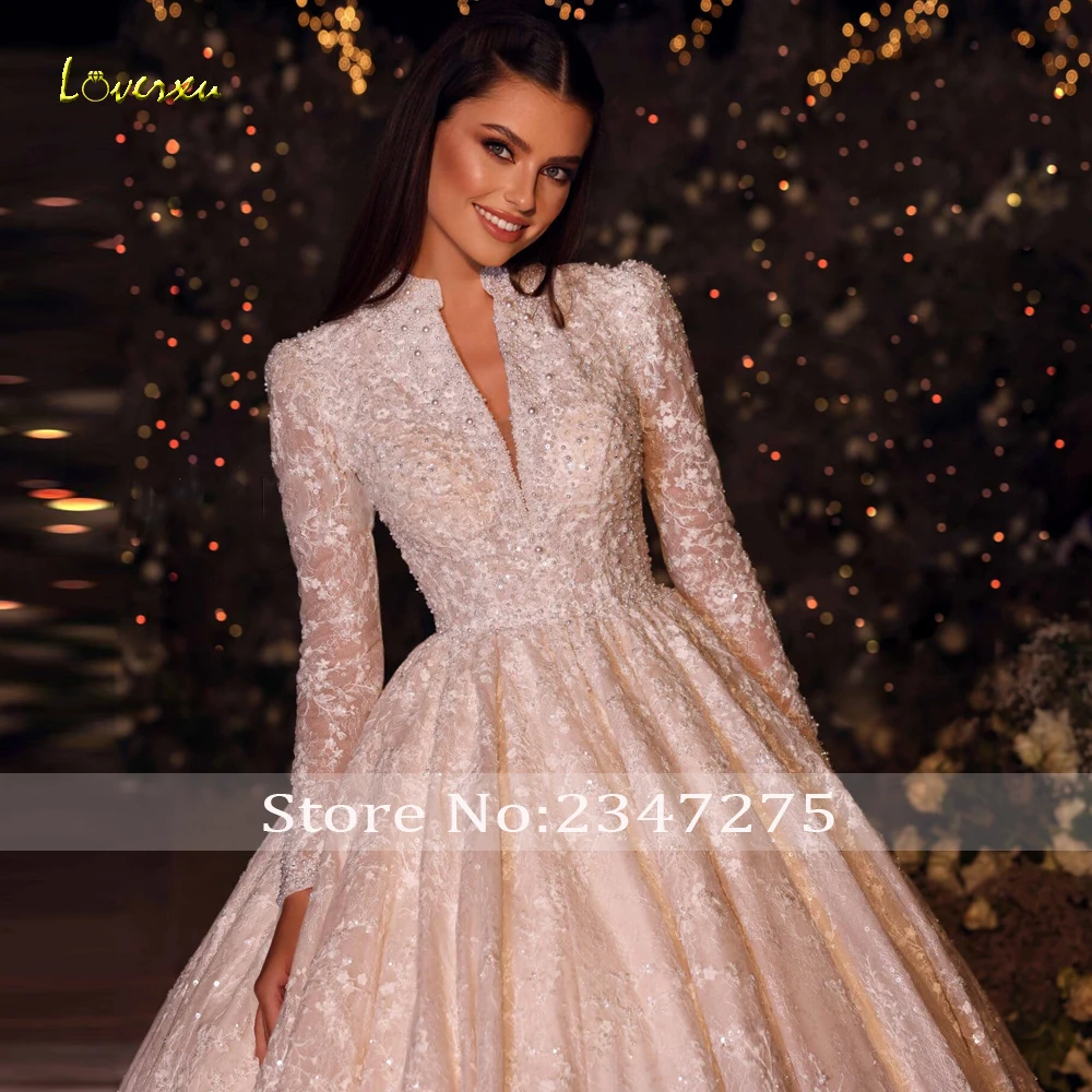 Loverxu vestido de baile vestidos de casamento real alta pescoço manga longa vestido de novia renda bordado luxo feito sob encomenda vestido de noiva