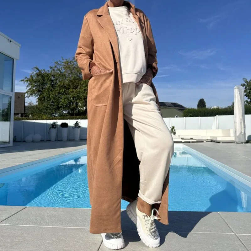 

Lady Pure Color Loose Pocket Cardigans Elegant Casual Straight Outerwear for Women Fashion Lapel Long Sleeve Commute Trench Coat