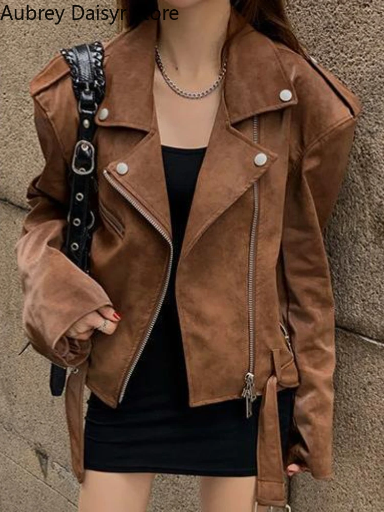 Winter Korean Brown Leather Jacket Women Streetwear Moto Biker Zipper Leather Coat Casual Outerwear Irregular Cropped Jacket New