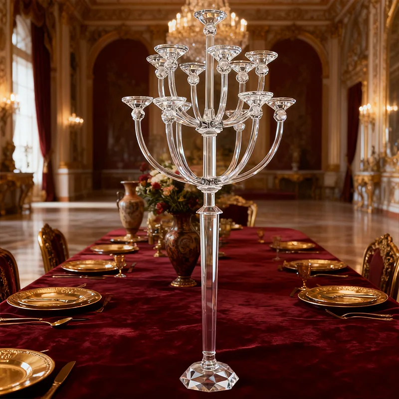 European luxury nine-headed crystal glass candle holder, wedding banquet decoration table model room decoration ornament