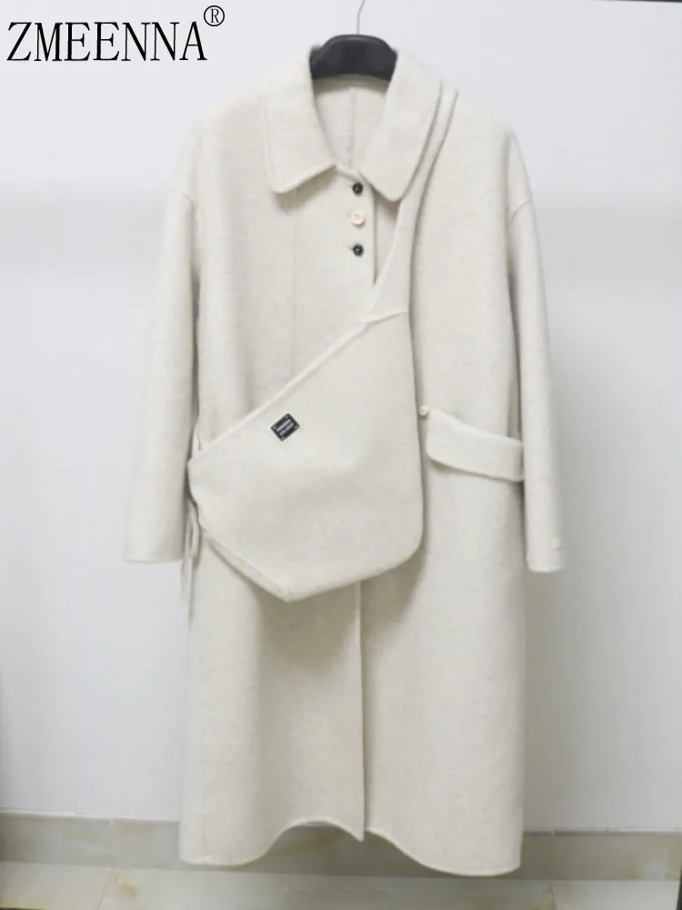 

ZMEENNA Womens Long Wool Blend Coat Lapel Collar Single Breasted Warm Winter Outerwear Oversized Loose Fit Style ZM4371