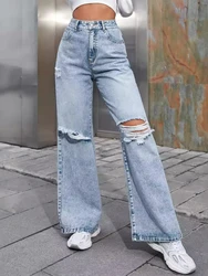 Denim Jeans Women Pant Wide Leg Long Pants Casual Loose High Waist Button Y2k Streetwear Hole Temperament Work Straight Trousers