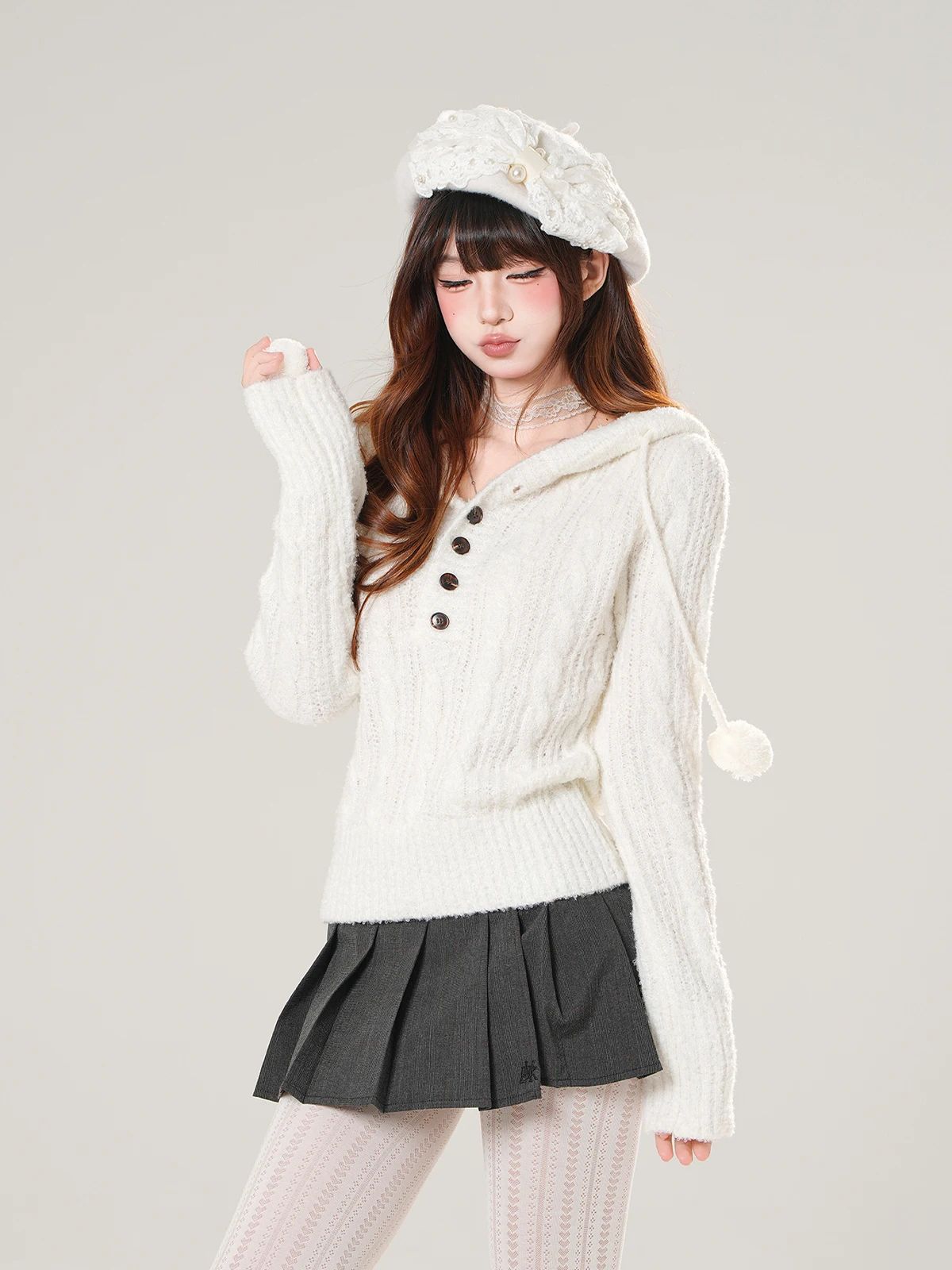 

Kit Women's Knitted Long Sve Hoodie Milk Bread Scents Loose Fit Slimming Top Autumn Winter Faion Casual Sle