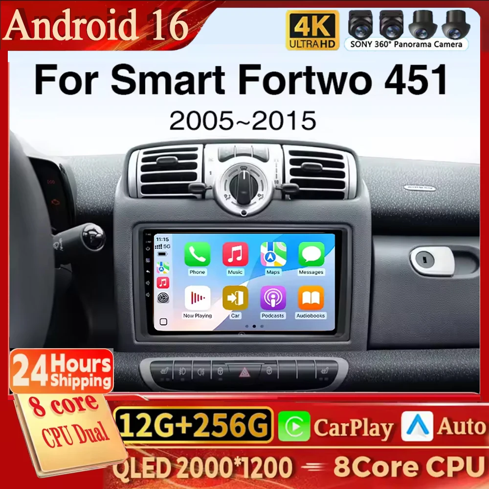 Android 16 Carplay Car Radio For Mercedes Benz Smart Fortwo 451 2005 - 2010 Multimedia Video Player Navigation GPS Head Unit WIF