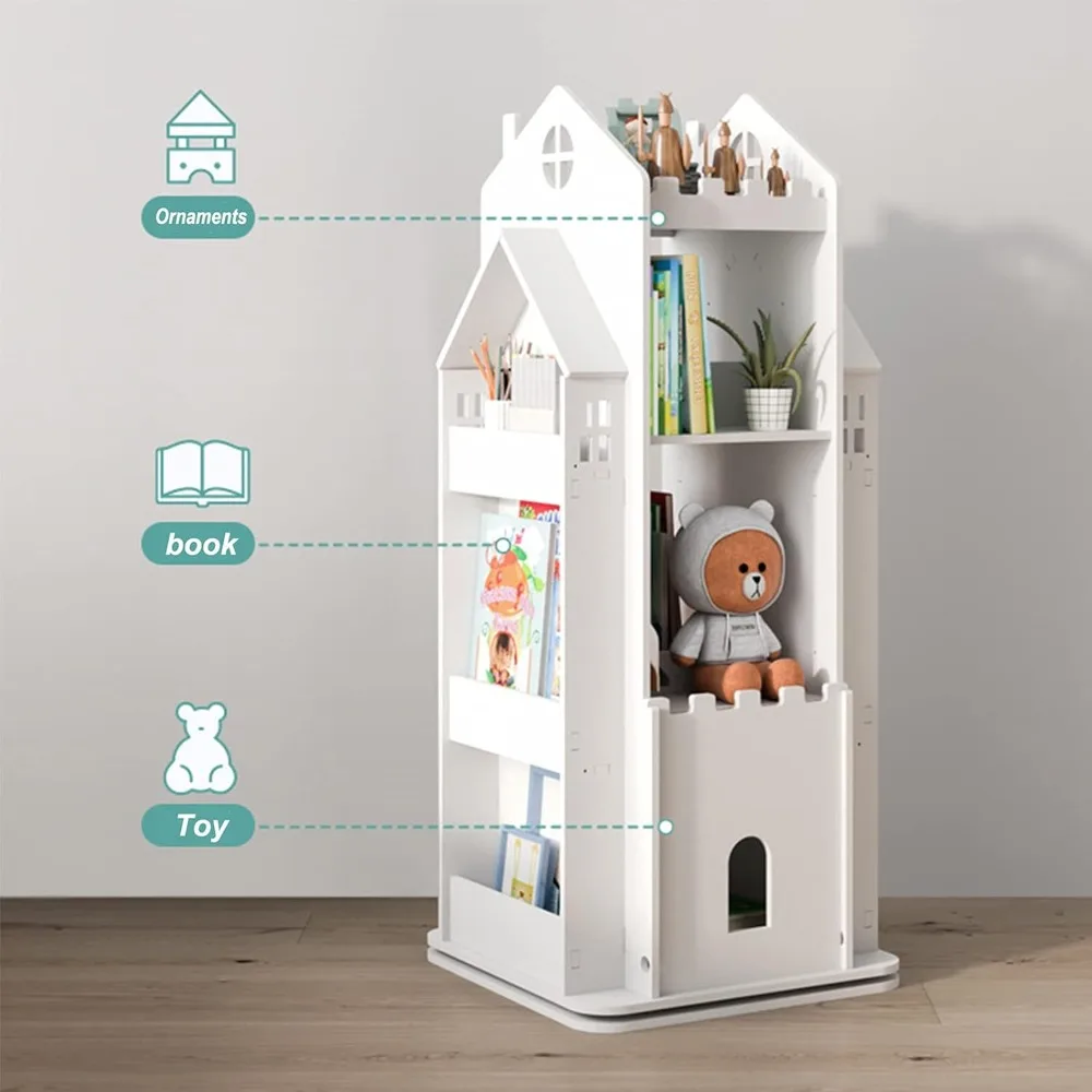 Revolving Bookcase,360° Children Bookshelf,Multi-Functional Floor Standing Book Storage Rack Organizer for Kids Room Bedroom-Whi