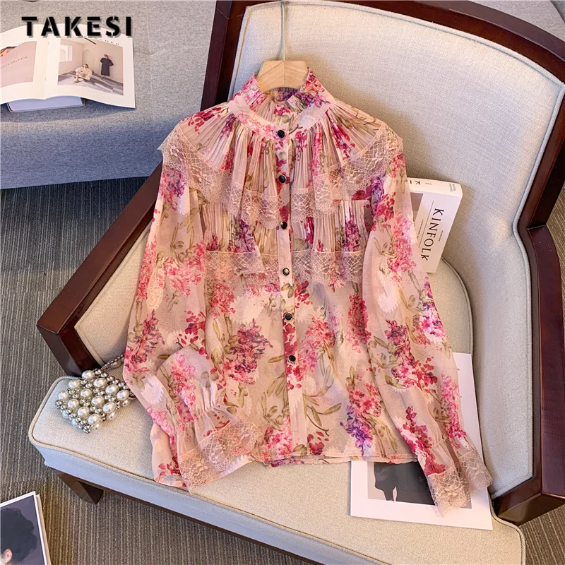 

Chinese Style Elegant Round Neck Floral Printting Lace Luxury Blouses 2024 Spring Women Vintage Long Sleeve Chiffon Thin Shirts