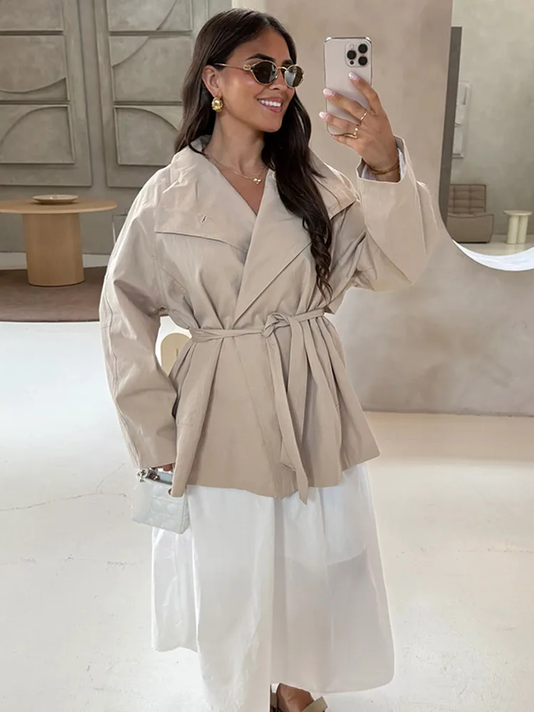 

Women's Casual Solid Lace Up Jacket Lapel Full Sleeve With Belt Pocket Loose Coat 2025 New Autumn Chic Lady Daily Street Outwear