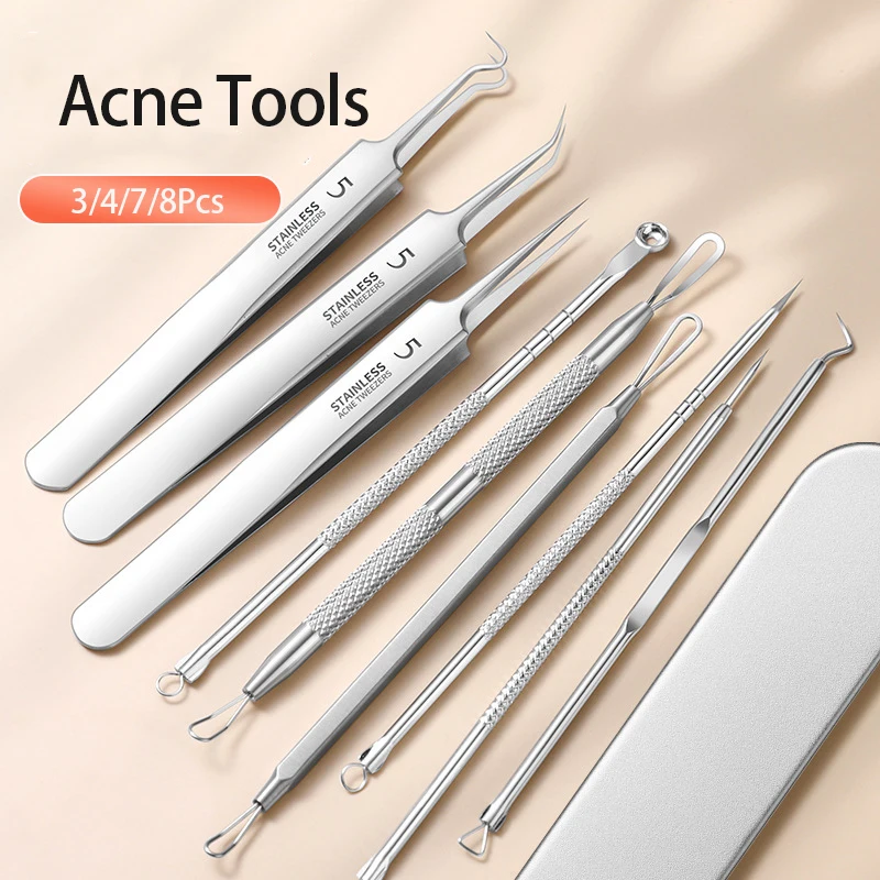 8個のステンレス製黒ずみ除去ツールセット、黒ずみクリップ、ピンセット、美容顔用黒ずみ除去剤、ニキビ針ツール