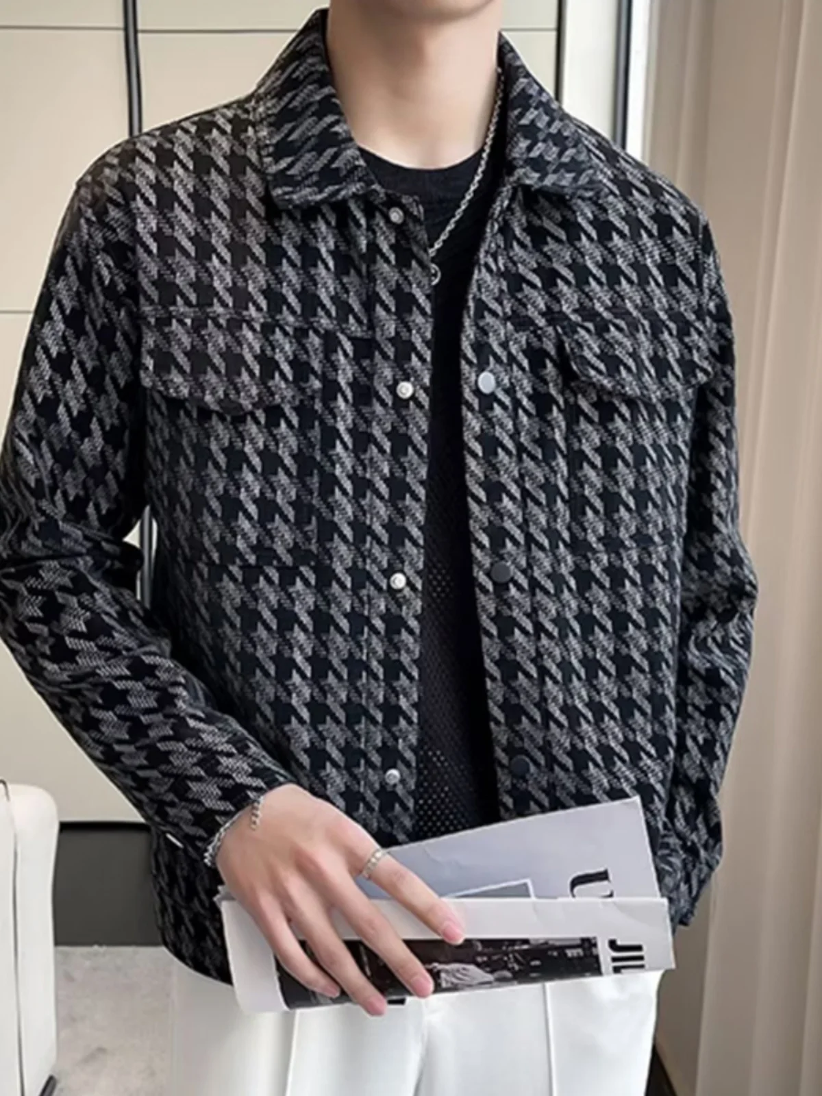 

Spring Autumn Plaid Jaet Men's Trendy Brand High-End Feel Collar Slim Fit Versatile Cool Motorcycle Leather Jaet