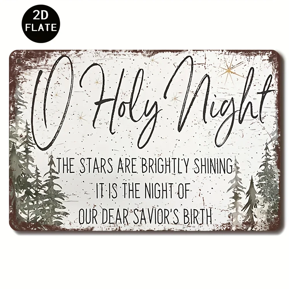 قطعة واحدة من لافتة ديكور الحائط المعدنية لعيد الميلاد العتيقة - لافتة قصدير ريفية مقاس 8 × 12 بوصة مع اقتباس "O Holy Night"، أشجار الصنوبر الثلجية والنجوم D