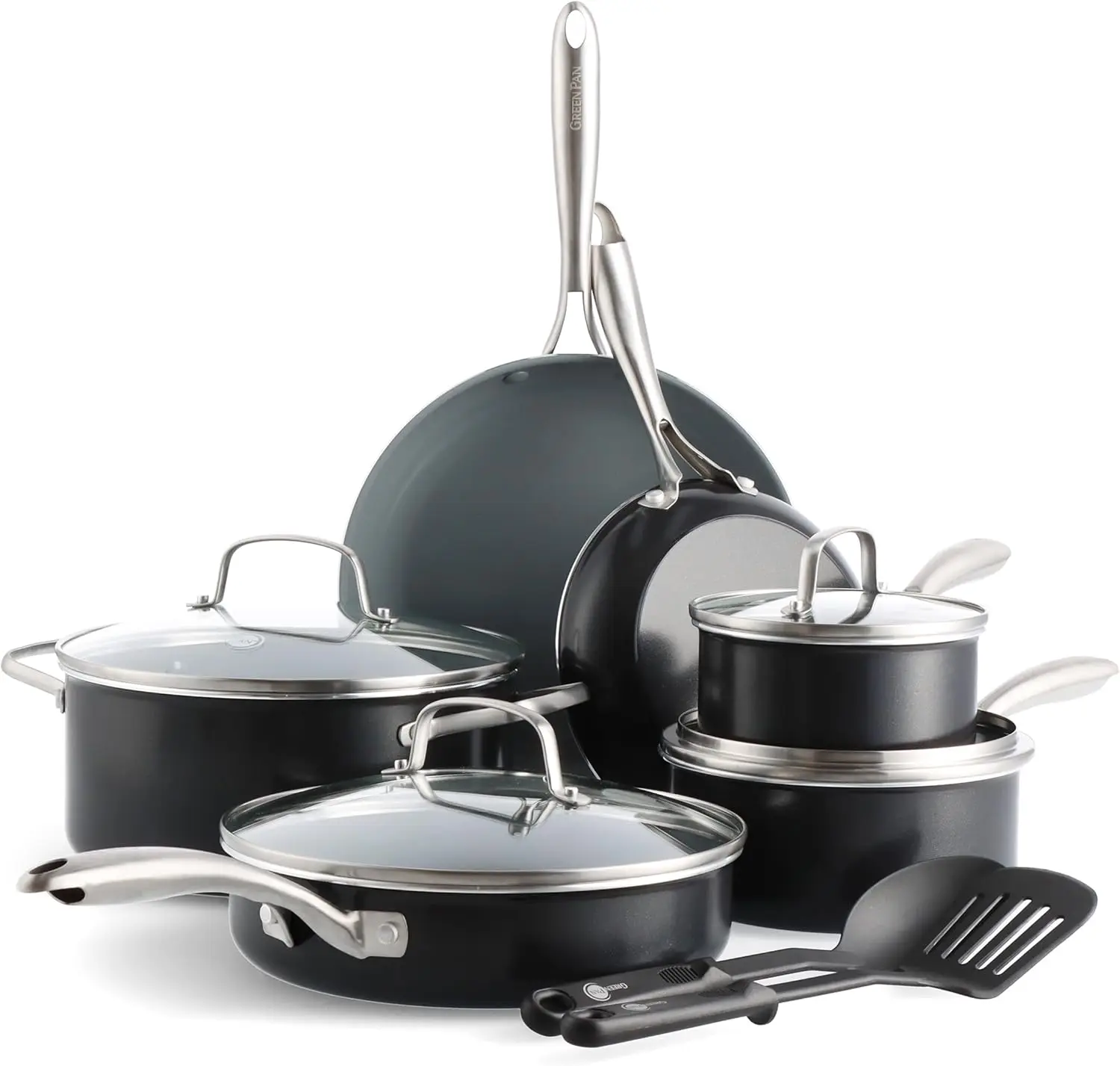 

12 Piece Cookware Pots and Pans Set, Stainless Steel Handles, PFAS-Free, Dishwasher Safe, Oven Safe, Black